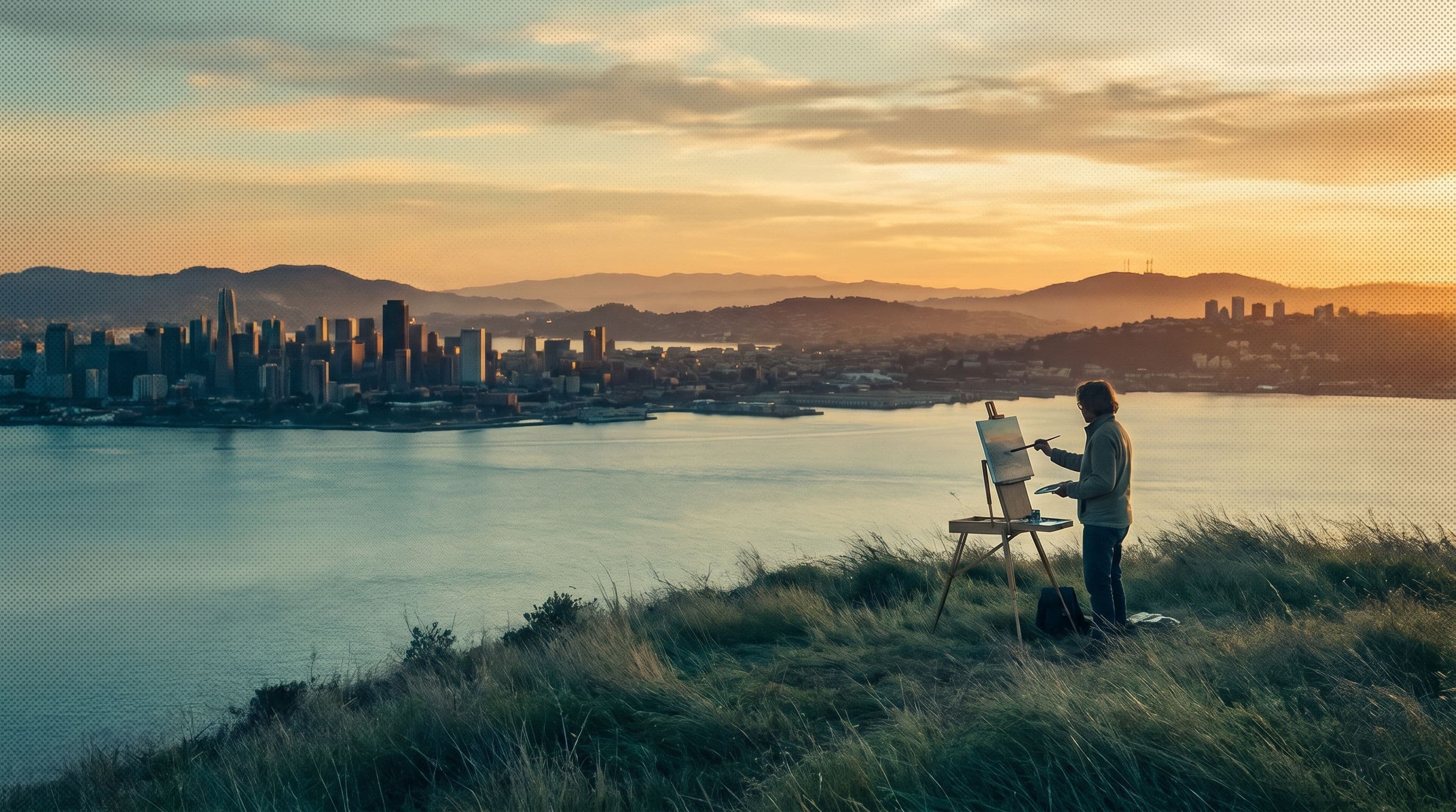 A painter interpreting a city landscape at sunset, representing human judgment and craft