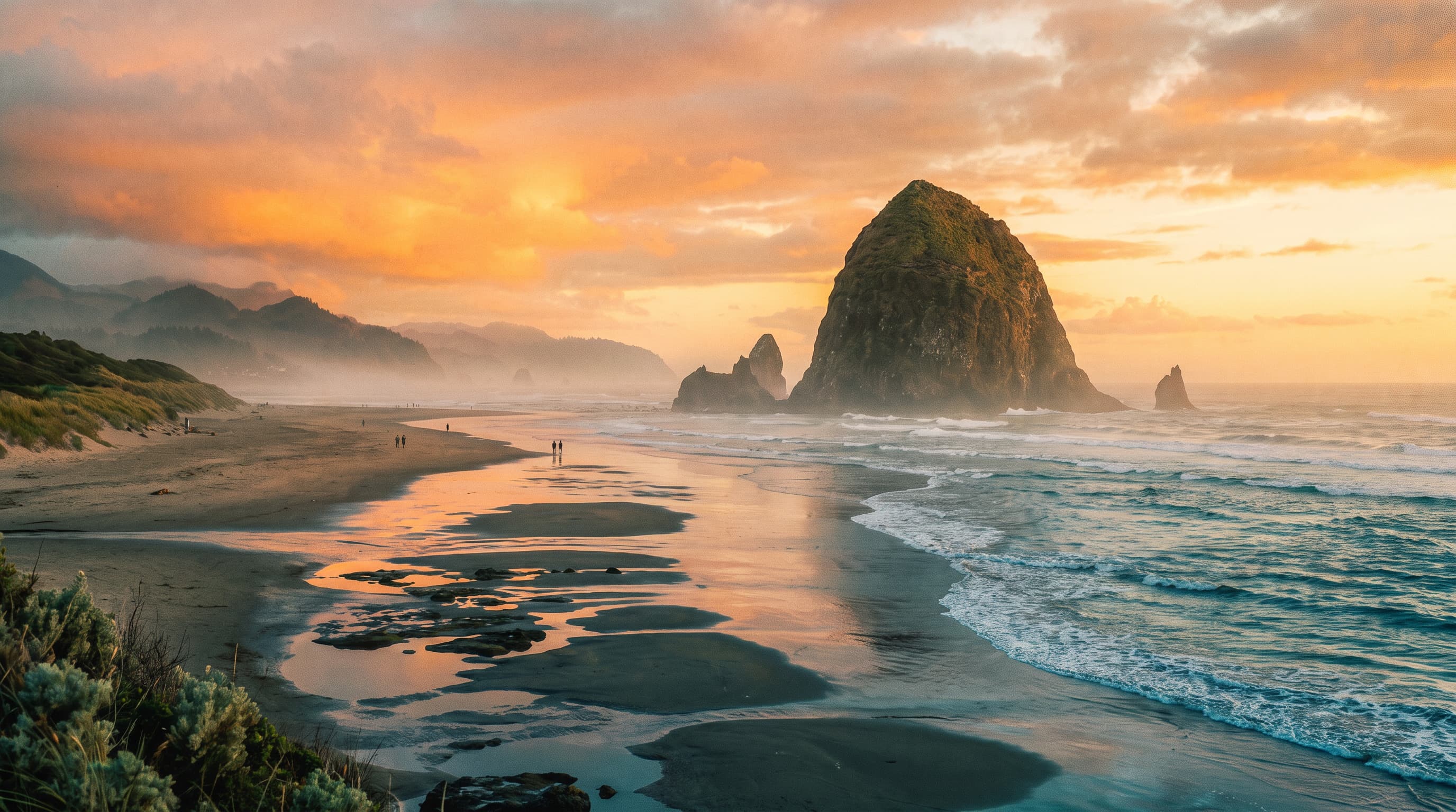 Haystack Rock at Cannon Beach at golden hour, photographed in a vibrant editorial style with a subtle lithographic finish.