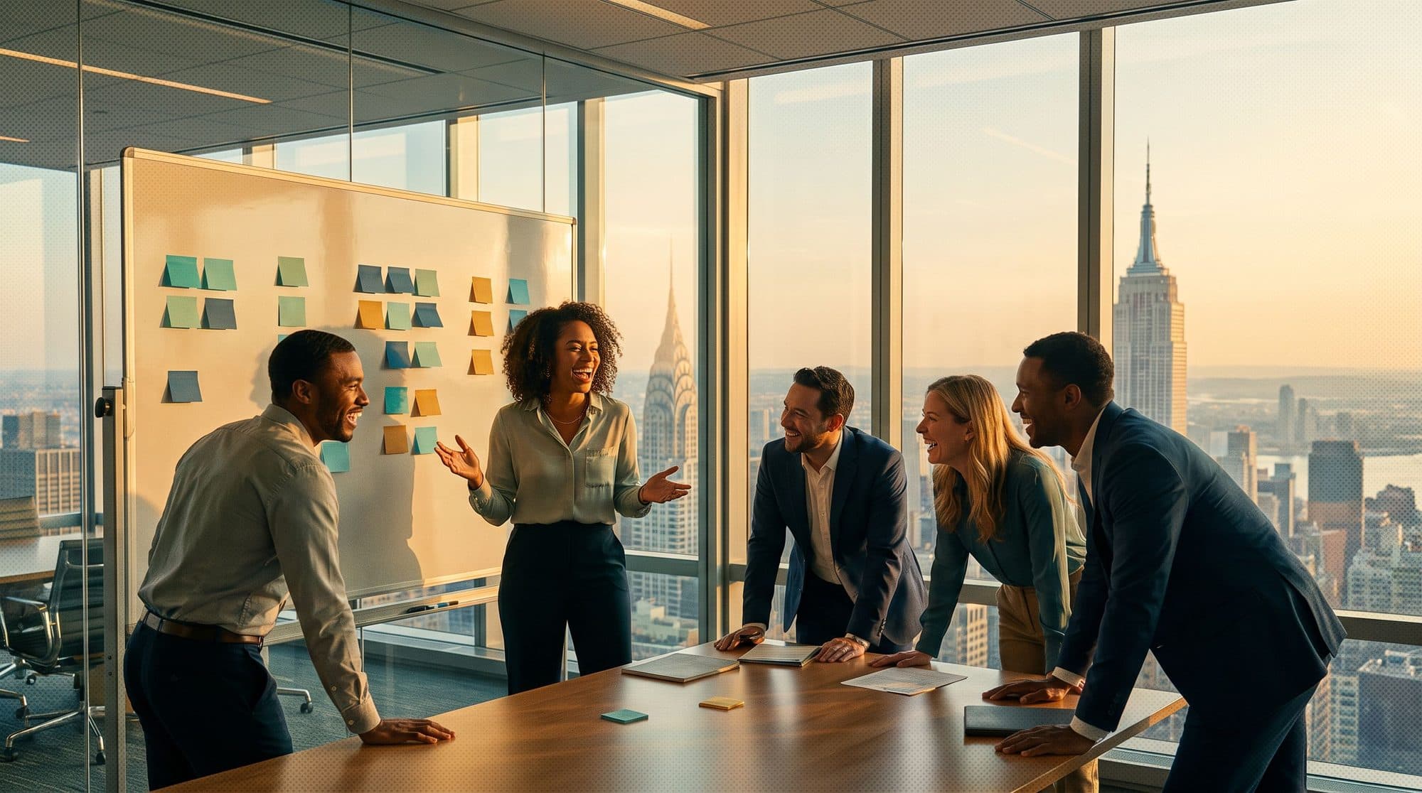 A team at a whiteboard covered in sticky notes, Manhattan skyline behind them