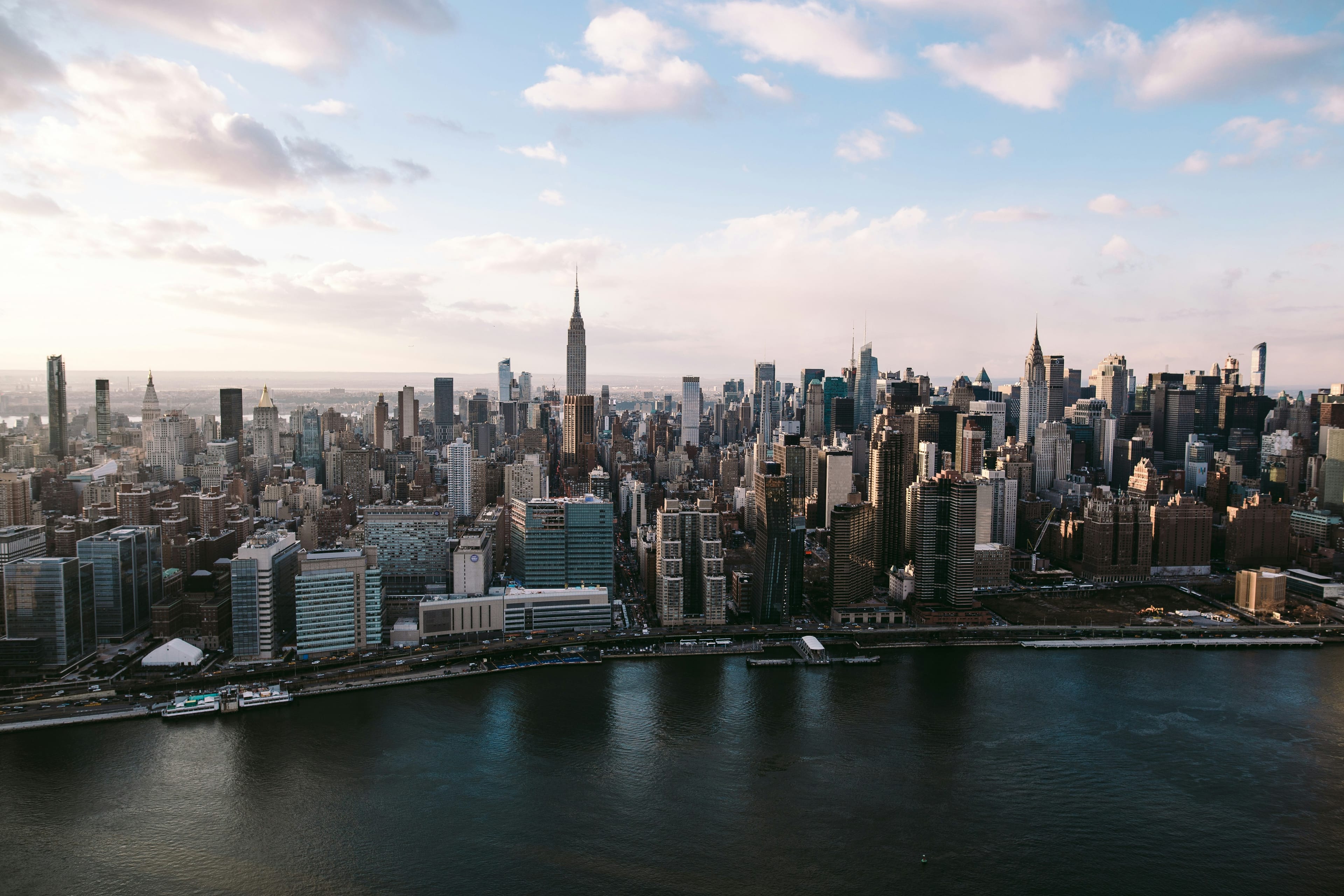 The Manhattan skyline seen across the Hudson at dusk